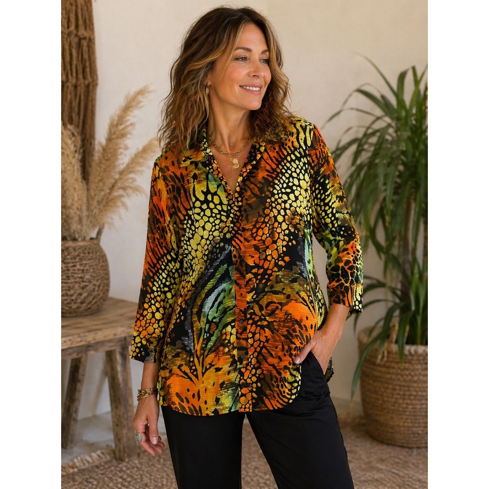 YANSI FUGEL Top Women's Large Black Orange Animal Print Button Down 3/4 Sleeve